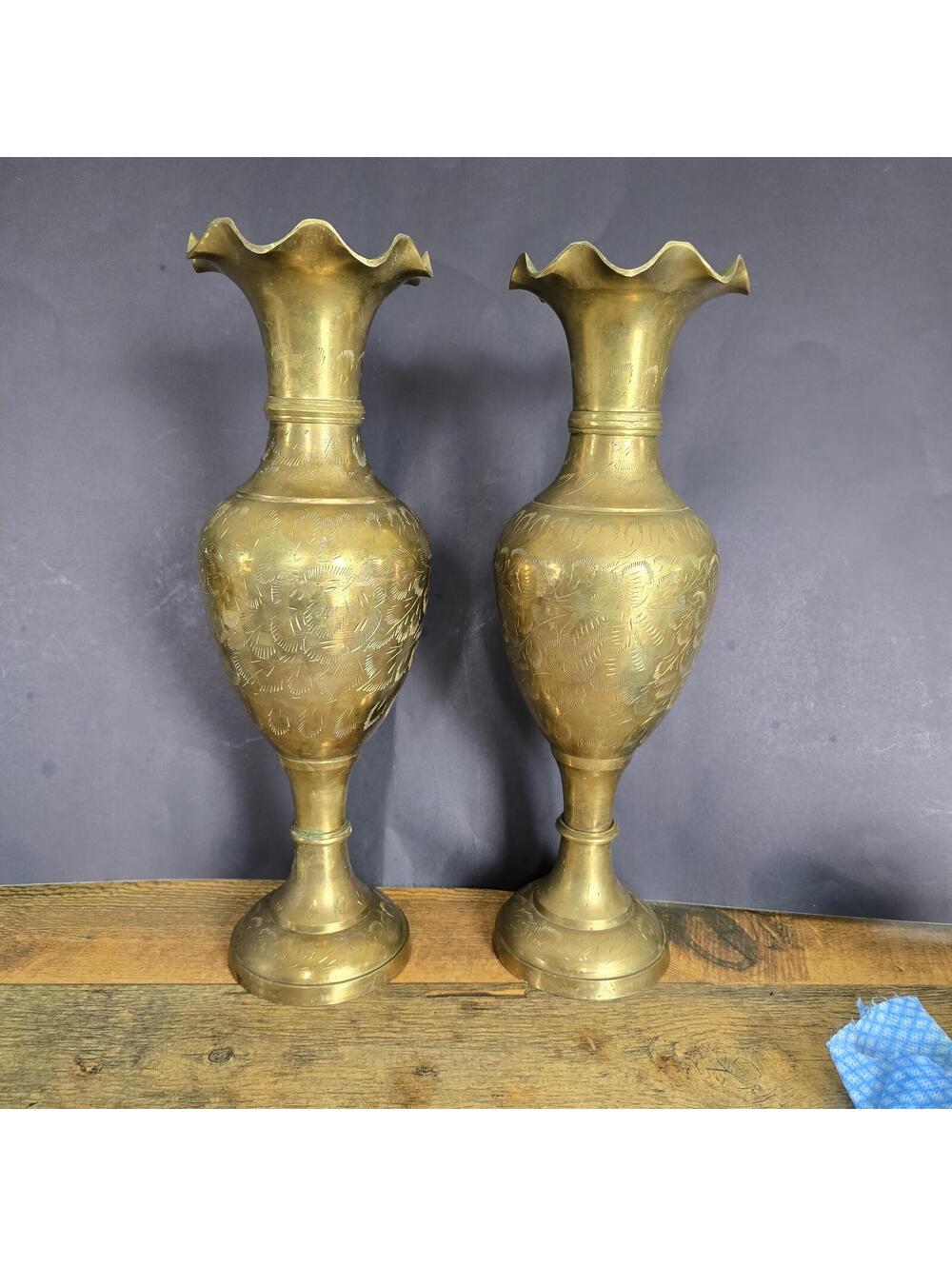 Vtg 14" Solid Brass Pedestal Vases Hand-Etched Floral Design Fluted Ruffled Tops